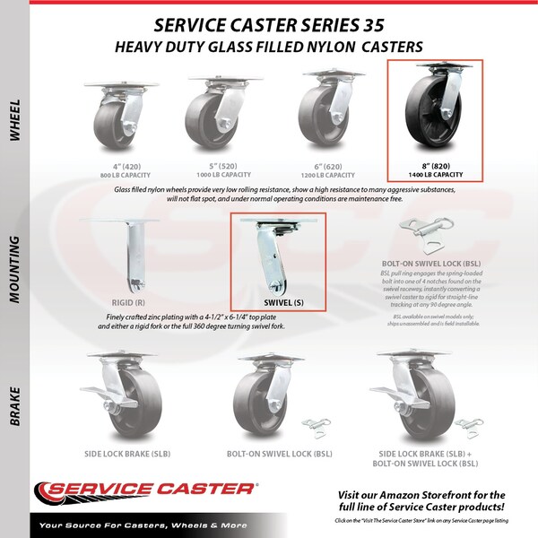 8 Inch Glass Filled Nylon Swivel Caster Set with Roller Bearings 2 Brakes SCC